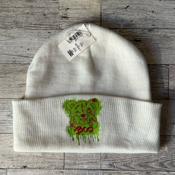 Upcycled, Neon Boo Bear, Knitted Ivory Beanie, Unisex - Picture 2 of 10